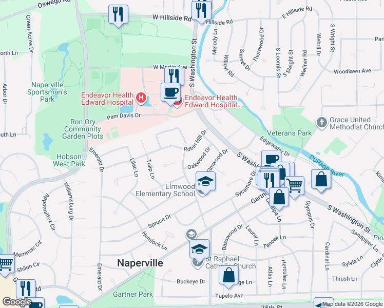 map of restaurants, bars, coffee shops, grocery stores, and more near 55 Oakwood Drive in Naperville