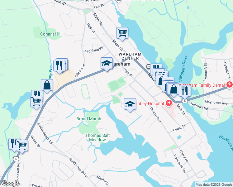 map of restaurants, bars, coffee shops, grocery stores, and more near 3 Viking Drive in Wareham