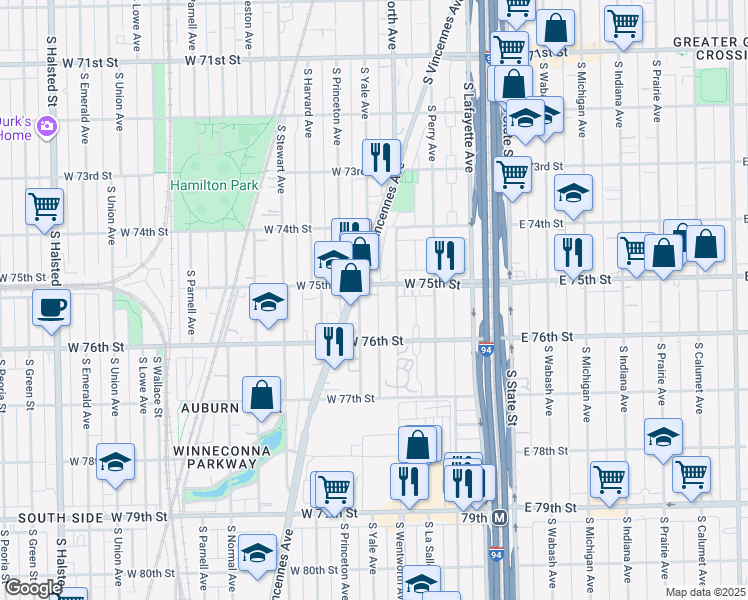 map of restaurants, bars, coffee shops, grocery stores, and more near 7534 South Wentworth Avenue in Chicago