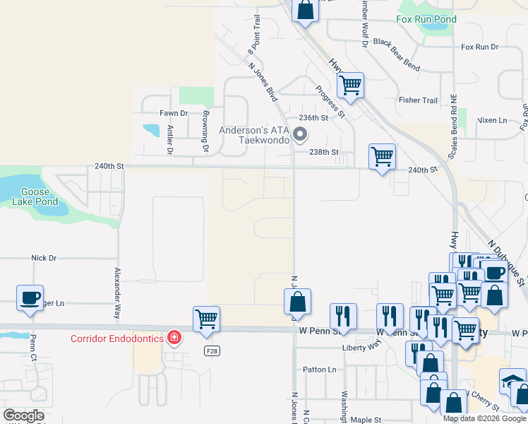 map of restaurants, bars, coffee shops, grocery stores, and more near 1834 West 240th Street Northeast in North Liberty