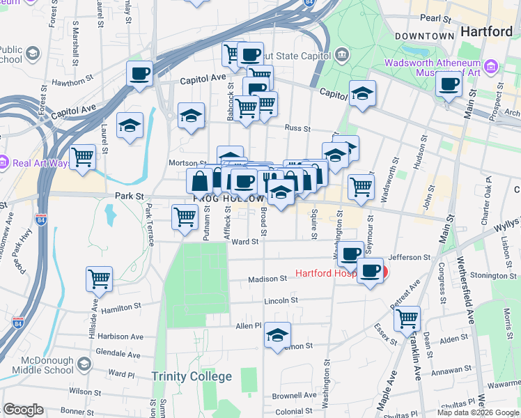 map of restaurants, bars, coffee shops, grocery stores, and more near 912 Broad Street in Hartford