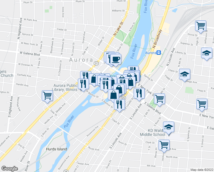 map of restaurants, bars, coffee shops, grocery stores, and more near 33 S Stolp Ave in Aurora