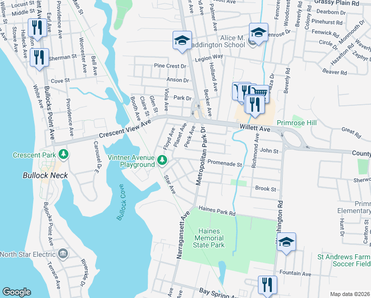 map of restaurants, bars, coffee shops, grocery stores, and more near 4 Burke Street in East Providence