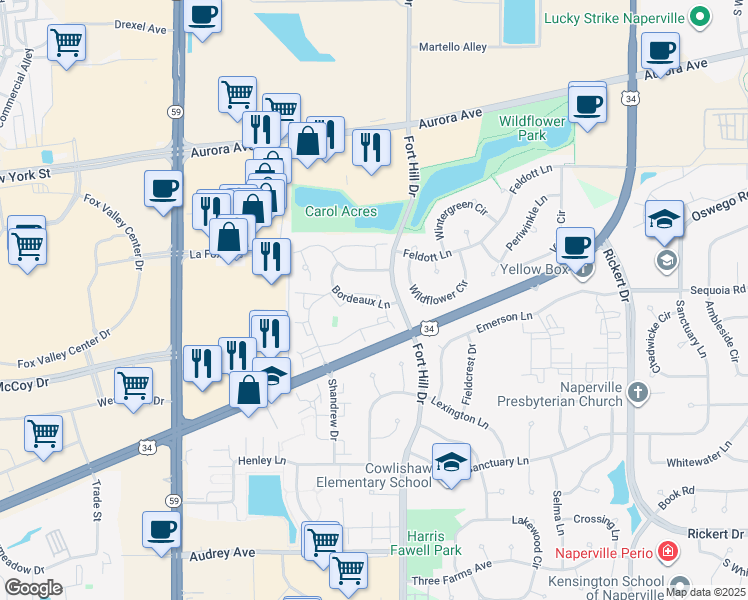 map of restaurants, bars, coffee shops, grocery stores, and more near 2507 Bordeaux Lane in Naperville