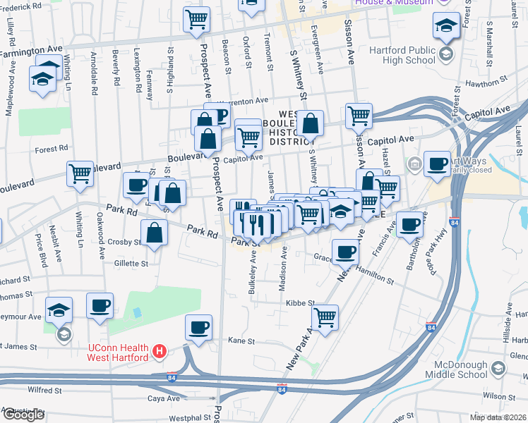 map of restaurants, bars, coffee shops, grocery stores, and more near 25 Dorothy Street in Hartford
