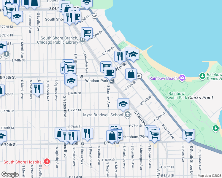 map of restaurants, bars, coffee shops, grocery stores, and more near 7549 South Saginaw Avenue in Chicago