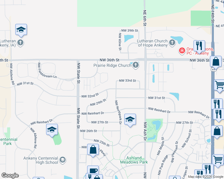 map of restaurants, bars, coffee shops, grocery stores, and more near 1880 Northwest 32nd Street in Ankeny