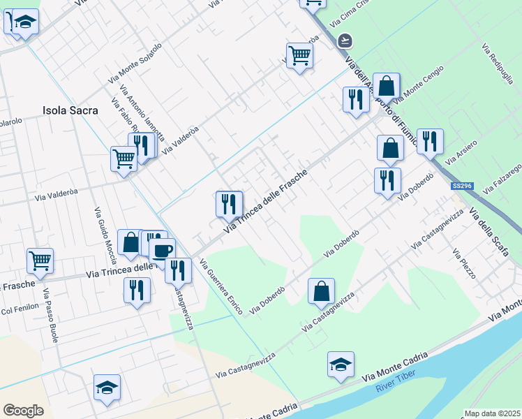 map of restaurants, bars, coffee shops, grocery stores, and more near 87 Via Trincea delle Frasche in Isola Sacra