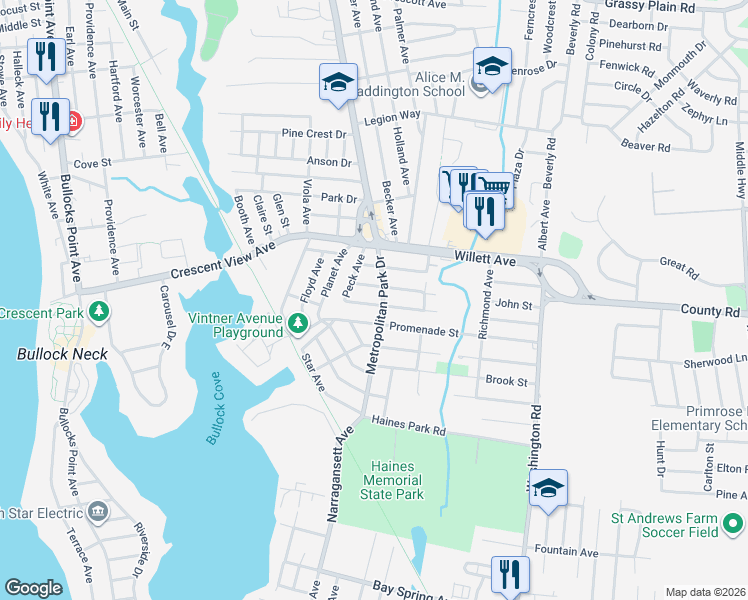 map of restaurants, bars, coffee shops, grocery stores, and more near 84 Promenade Street in East Providence