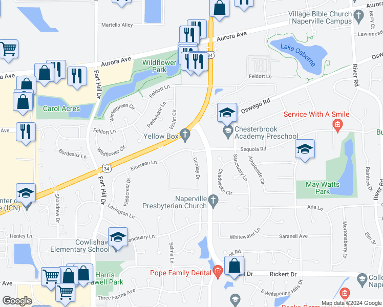 map of restaurants, bars, coffee shops, grocery stores, and more near 807 Corday Drive in Naperville