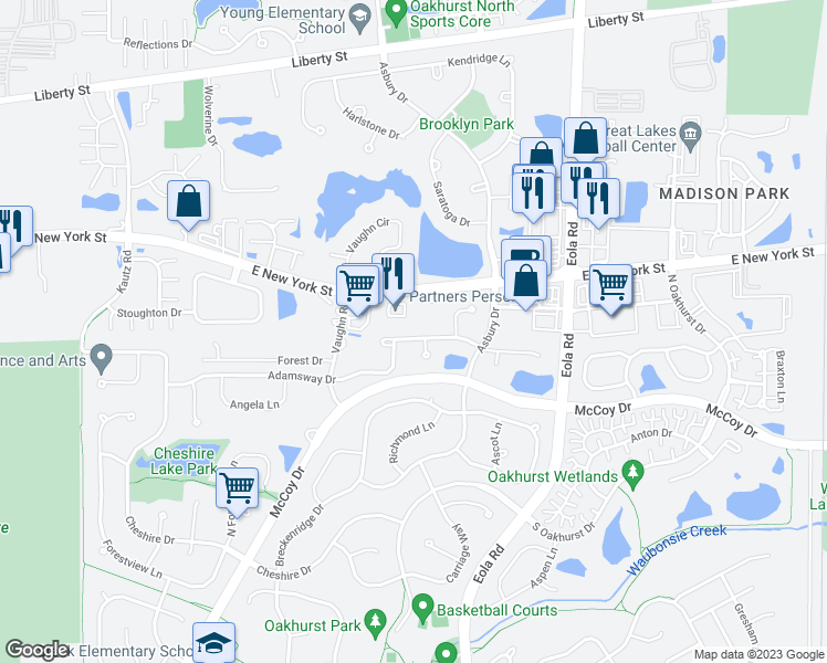 map of restaurants, bars, coffee shops, grocery stores, and more near 2650 Mapleside Lane in Aurora