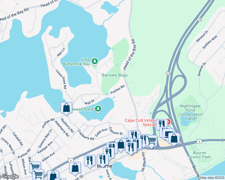 map of restaurants, bars, coffee shops, grocery stores, and more near 171 Puritan Road in Bourne