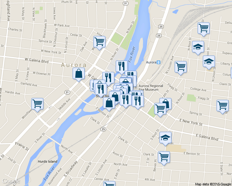 map of restaurants, bars, coffee shops, grocery stores, and more near 23 E Galena Blvd in Aurora