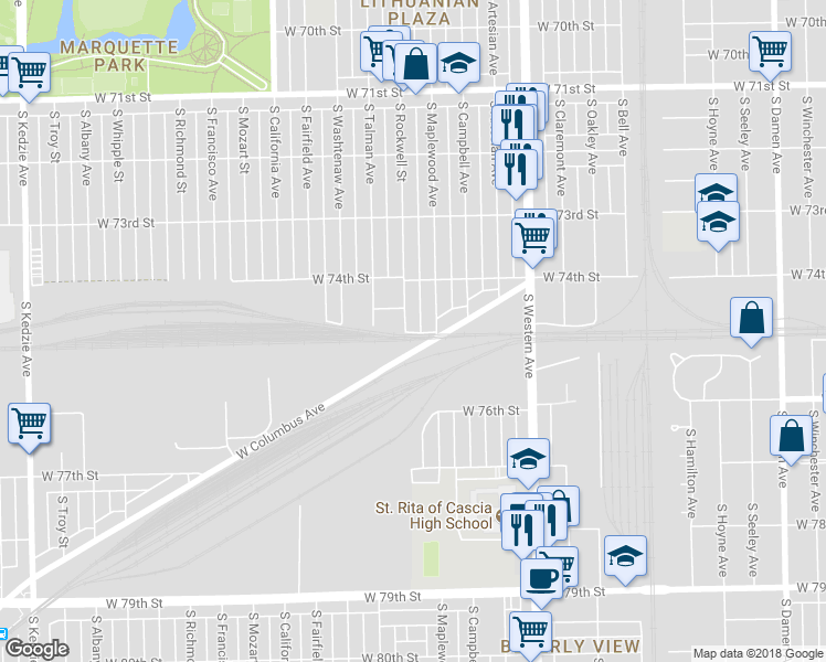 map of restaurants, bars, coffee shops, grocery stores, and more near 7449 South Rockwell Street in Chicago