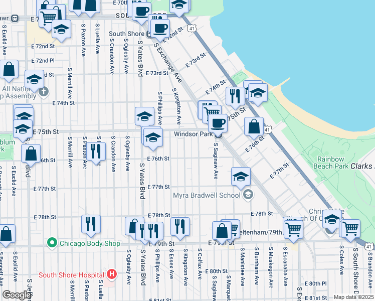 map of restaurants, bars, coffee shops, grocery stores, and more near 7547 South Kingston Avenue in Chicago