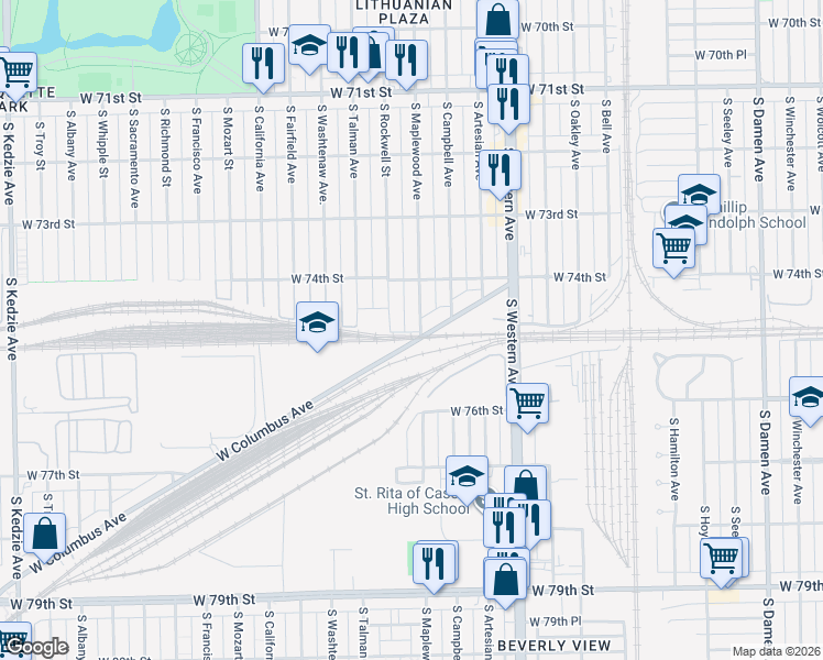 map of restaurants, bars, coffee shops, grocery stores, and more near 2543 West Columbus Avenue in Chicago