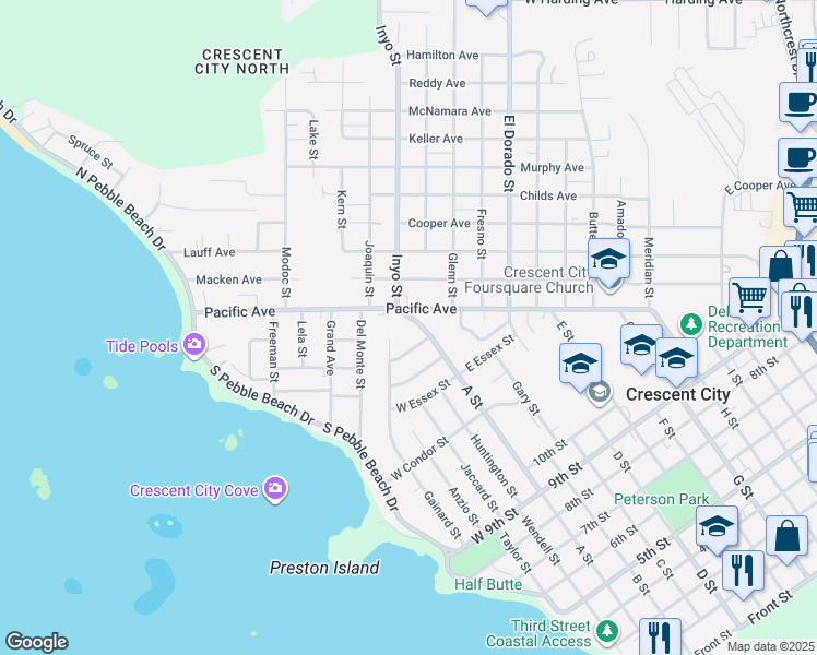 map of restaurants, bars, coffee shops, grocery stores, and more near 243 Jackie Street in Crescent City