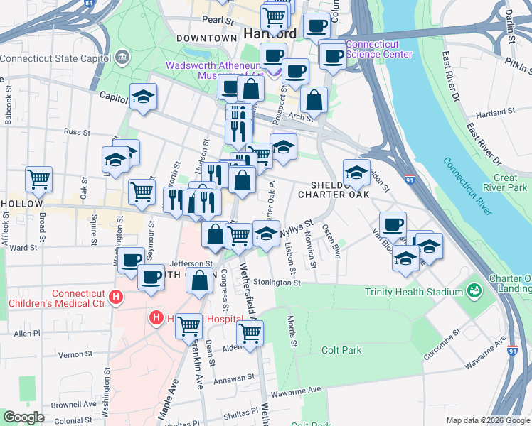 map of restaurants, bars, coffee shops, grocery stores, and more near 12 1/2 Charter Oak Place in Hartford