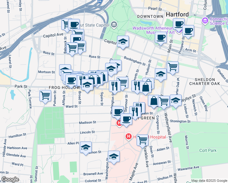 map of restaurants, bars, coffee shops, grocery stores, and more near 182 Washington Street in Hartford