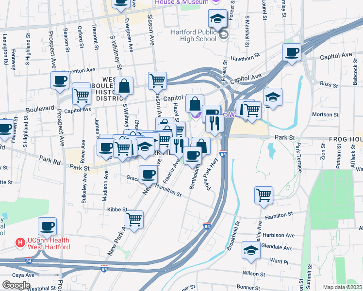 map of restaurants, bars, coffee shops, grocery stores, and more near 21 Francis Avenue in Hartford