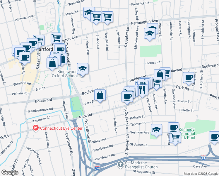 map of restaurants, bars, coffee shops, grocery stores, and more near in Hartford