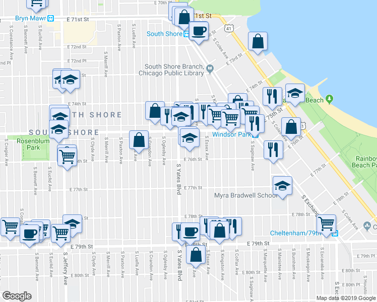 map of restaurants, bars, coffee shops, grocery stores, and more near 7604 South Phillips Avenue in Chicago