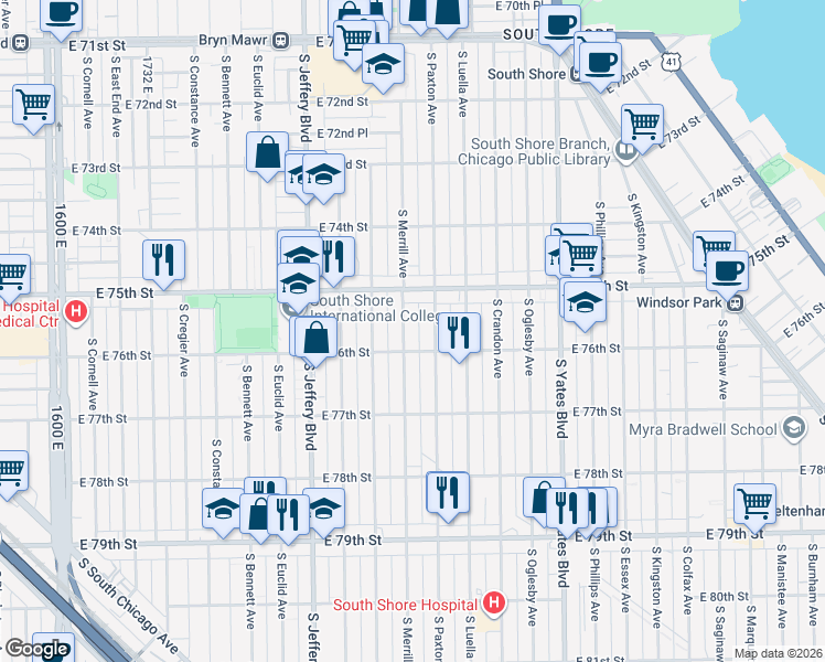 map of restaurants, bars, coffee shops, grocery stores, and more near 7600 South Paxton Avenue in Chicago