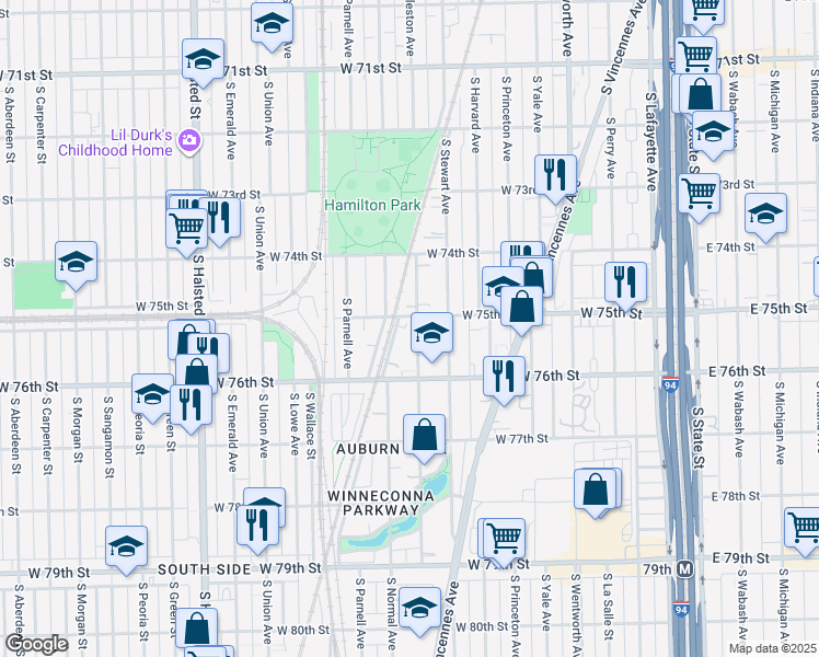 map of restaurants, bars, coffee shops, grocery stores, and more near 7534 South Eggleston Avenue in Chicago