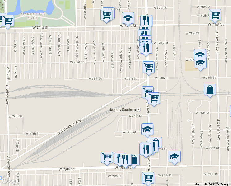 map of restaurants, bars, coffee shops, grocery stores, and more near 2543 West Columbus Avenue in Chicago
