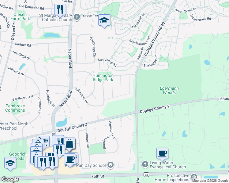 map of restaurants, bars, coffee shops, grocery stores, and more near 1462 Lantern Circle in Naperville