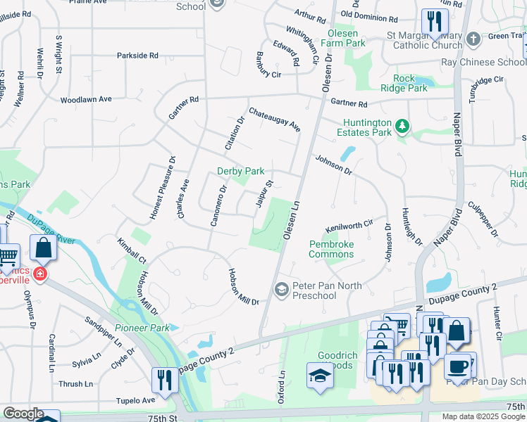 map of restaurants, bars, coffee shops, grocery stores, and more near 928 Jaipur Street in Naperville