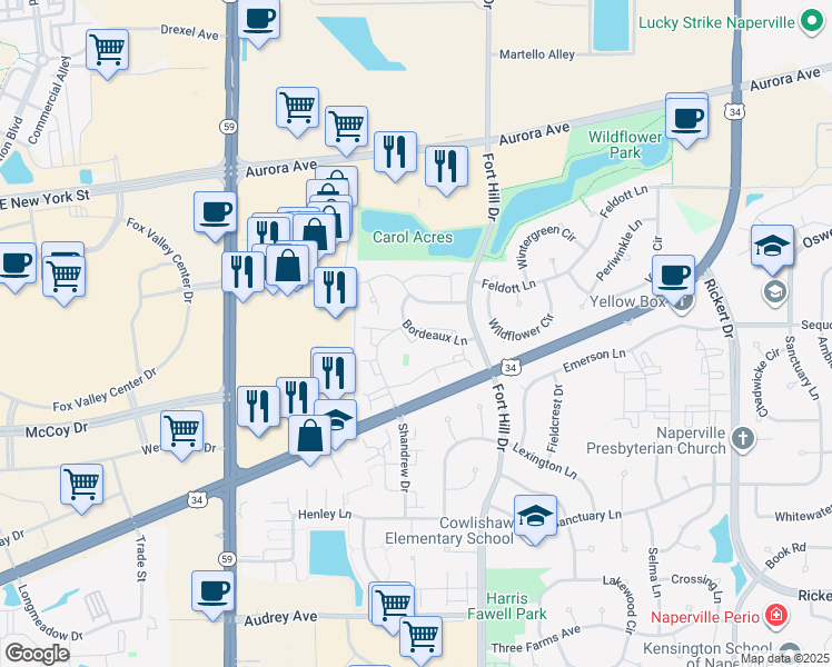 map of restaurants, bars, coffee shops, grocery stores, and more near 2515 Versailles Avenue in Naperville