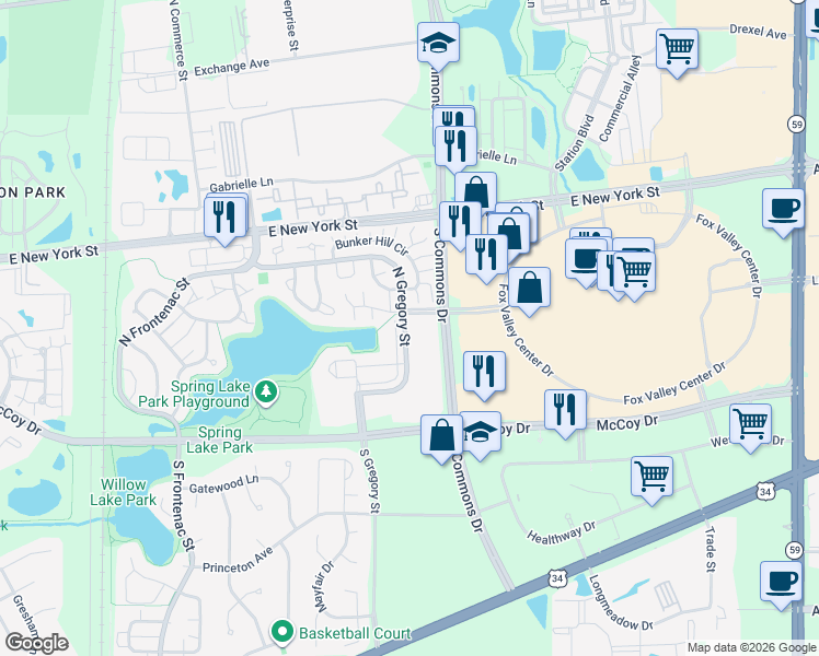 map of restaurants, bars, coffee shops, grocery stores, and more near 249 North Gregory Street in Aurora