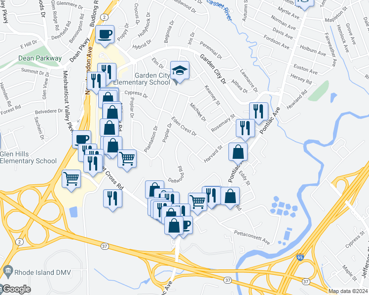 map of restaurants, bars, coffee shops, grocery stores, and more near 15 Harvard Court in Cranston