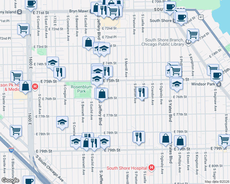 map of restaurants, bars, coffee shops, grocery stores, and more near 7601 South Chappel Avenue in Chicago