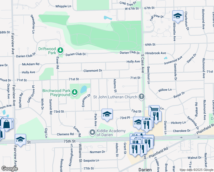 map of restaurants, bars, coffee shops, grocery stores, and more near 7106 Washington Street in Darien