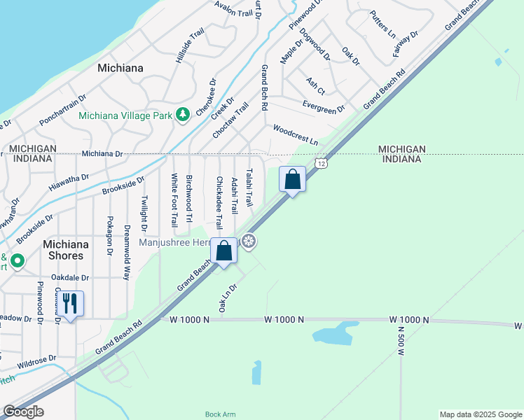 map of restaurants, bars, coffee shops, grocery stores, and more near 102 Grand Beach Road in Michigan City
