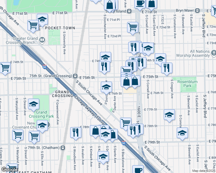 map of restaurants, bars, coffee shops, grocery stores, and more near 7533 South Dorchester Avenue in Chicago