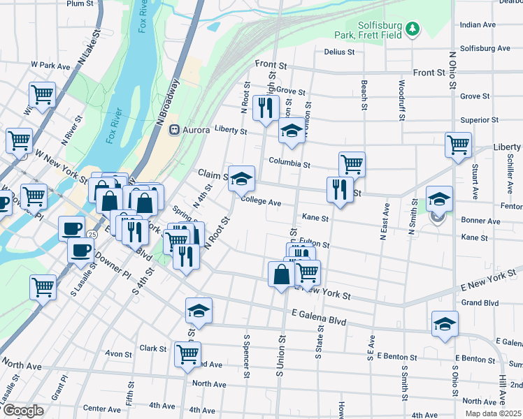 map of restaurants, bars, coffee shops, grocery stores, and more near 525 College Avenue in Aurora