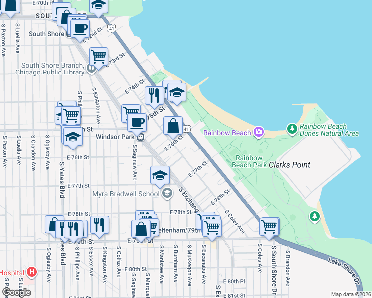map of restaurants, bars, coffee shops, grocery stores, and more near 7627 South Coles Avenue in Chicago