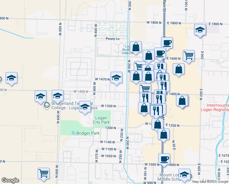 map of restaurants, bars, coffee shops, grocery stores, and more near 265 West 1400 North in Logan