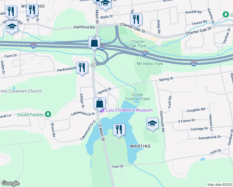 map of restaurants, bars, coffee shops, grocery stores, and more near 100 Comstock Road in Manchester