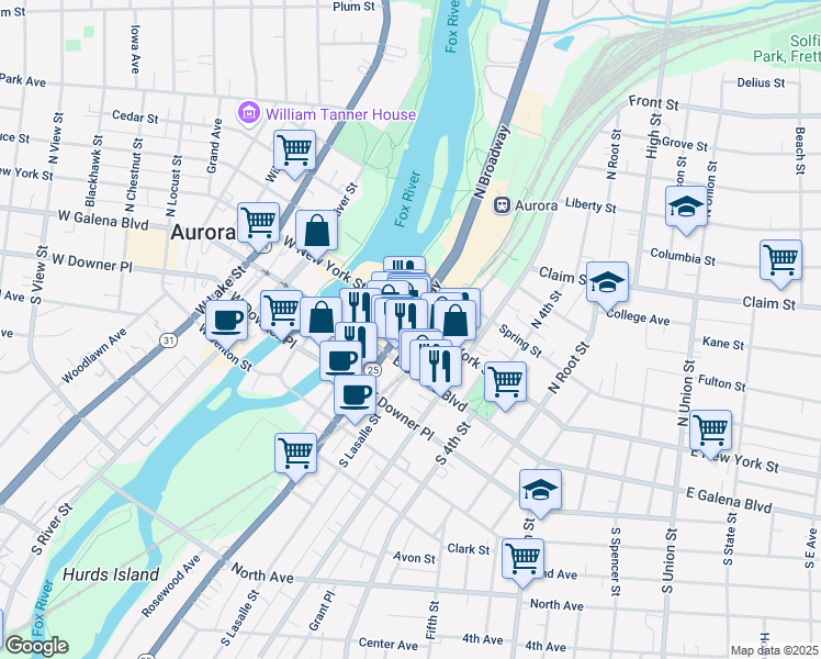 map of restaurants, bars, coffee shops, grocery stores, and more near 29 North Broadway in Aurora