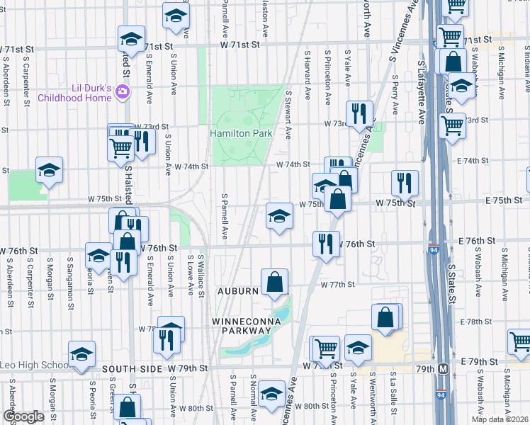 map of restaurants, bars, coffee shops, grocery stores, and more near 7534 South Eggleston Avenue in Chicago