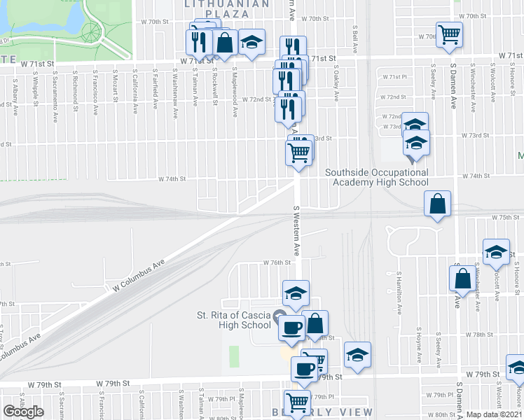 map of restaurants, bars, coffee shops, grocery stores, and more near 2543 West Columbus Avenue in Chicago