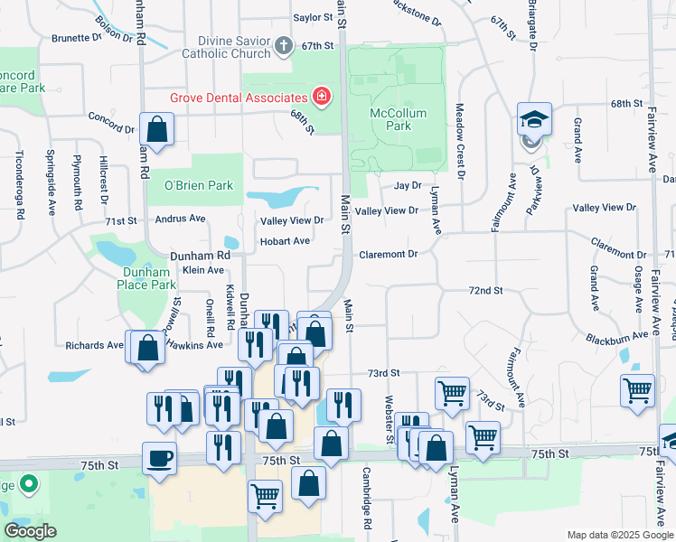 map of restaurants, bars, coffee shops, grocery stores, and more near 1009 Claremont Drive in Downers Grove