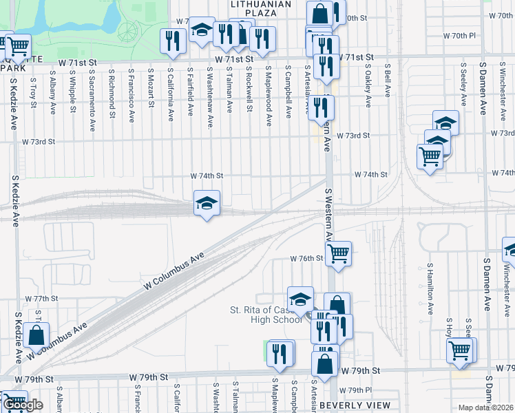 map of restaurants, bars, coffee shops, grocery stores, and more near 7418 South Maplewood Avenue in Chicago