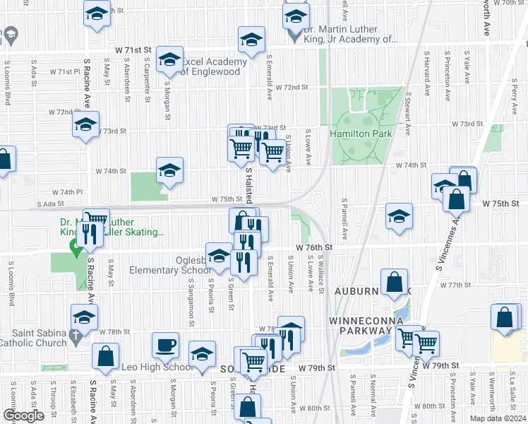map of restaurants, bars, coffee shops, grocery stores, and more near 7500 South Emerald Avenue in Chicago