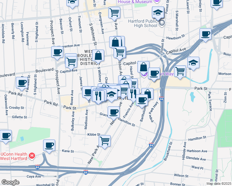 map of restaurants, bars, coffee shops, grocery stores, and more near 35 Sisson Avenue in Hartford