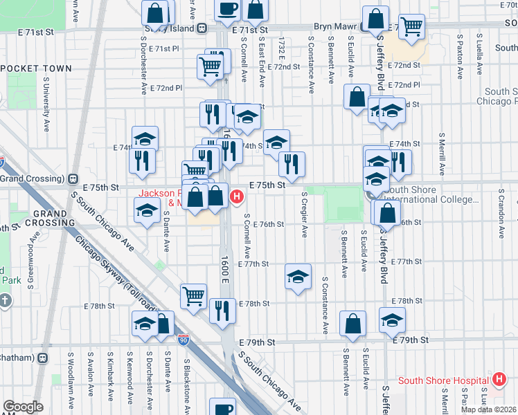 map of restaurants, bars, coffee shops, grocery stores, and more near 7532 SE End Ave in Chicago